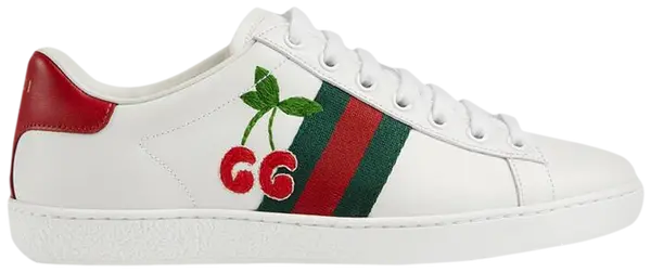 Gucci Wmns Ace GG sneaker in white leather with green-red Web stripe and cherry embroidery.

