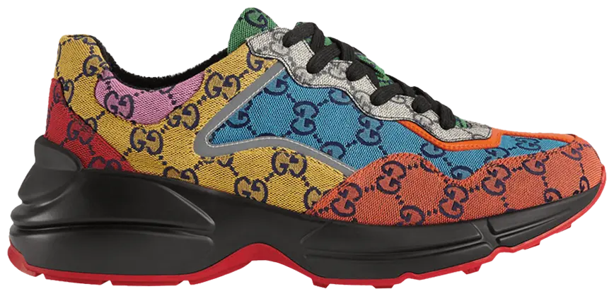 Gucci Wmns Rhyton sneaker in multicolor GG Supreme canvas with chunky sole and patchwork monogram design.

