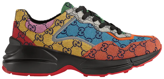 Gucci Wmns Rhyton sneaker in multicolor GG Supreme canvas with chunky sole and patchwork monogram design.


