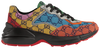 Gucci Wmns Rhyton sneaker in multicolor GG Supreme canvas with chunky sole and patchwork monogram design.

