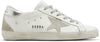 Golden Goose women's white leather sneaker with grey suede star and silver metallic heel tab, distressed outsole.