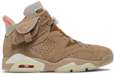 Travis Scott x Air Jordan 6 'British Khaki' in tan suede with canvas overlays, stash pocket, and crimson branding.
