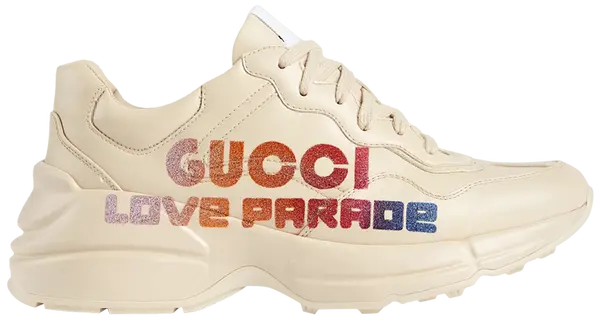 Gucci Wmns Rhyton 'Love Parade' sneaker in beige leather with chunky sole and vintage-inspired design.

