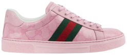 Gucci Wmns Ace 'GG Crystal Canvas - Pink' with glitter monogram canvas upper, green-red Web stripes, and pink leather accents.