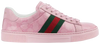 Gucci Wmns Ace 'GG Crystal Canvas - Pink' with glitter monogram canvas upper, green-red Web stripes, and pink leather accents.