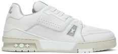 Louis Vuitton Trainer Low 'White' with all-white leather upper, embossed branding, and monogram rubber outsole.