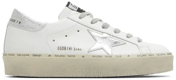 Golden Goose Wmns Hi Star 'White Silver' platform sneaker with white leather upper, silver star, and distressed rubber midsole.