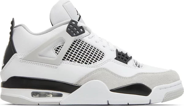 Air Jordan 4 Retro Military Black sneaker in white leather with grey suede and black details.