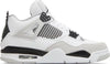 Air Jordan 4 Retro Military Black sneaker in white leather with grey suede and black details.