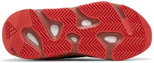 Yeezy Boost 700 ‘Hi-Res Red’ sneaker with red mesh and suede upper, maroon Boost midsole, and multicolor accents.