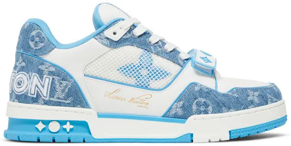 Louis Vuitton Trainer Low 'Velcro Strap - Light Blue Monogram Denim' 2024 in white leather and blue monogram denim with velcro closure and tonal rubber sole.

