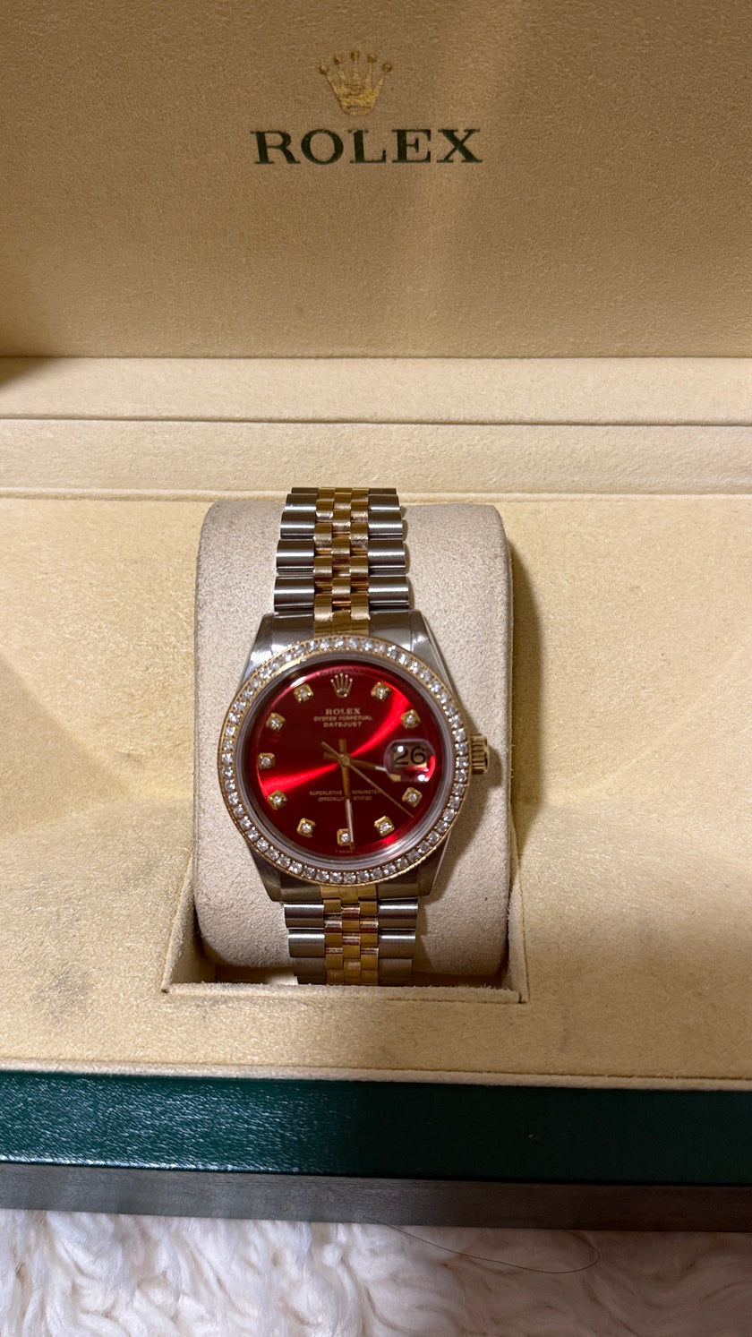 Pre-Owned Rolex 36MM Two-Tone YG-SS – Red Dial with 1ct Diamond Accents, Cutom Damiond Dial and Jubilee 18K Gold Bracelet (Model 1601)
