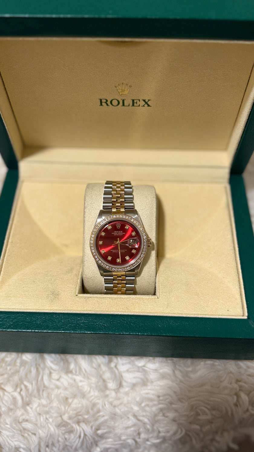 Pre-Owned Rolex 36MM Two-Tone YG-SS – Red Dial with 1ct Diamond Accents, Cutom Damiond Dial and Jubilee 18K Gold Bracelet (Model 1601)