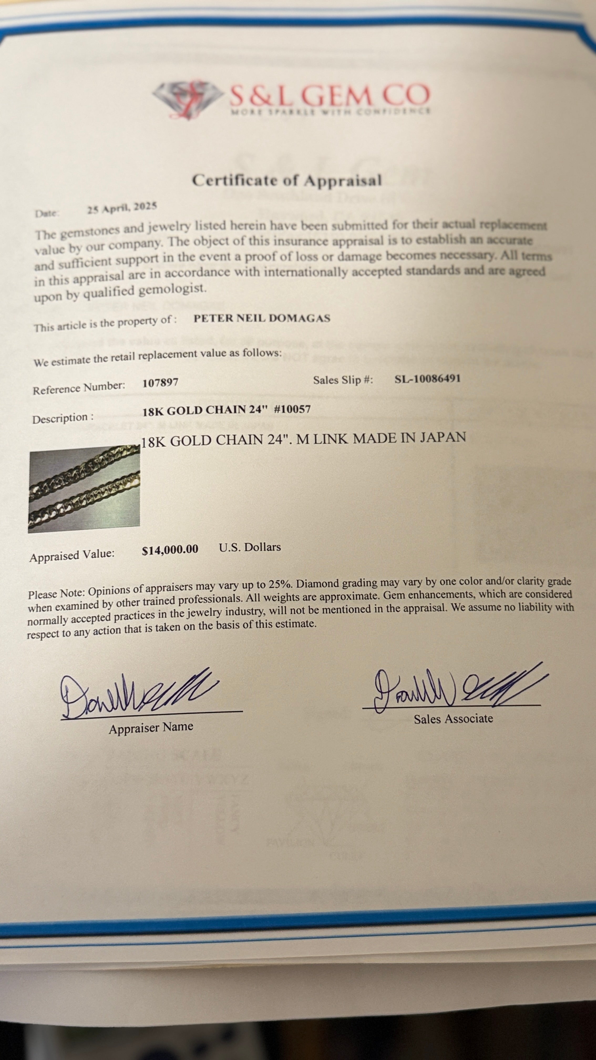 18Karat 100 Gram Gold Chain Necklace 24” M LINK MADE IN JAPAN