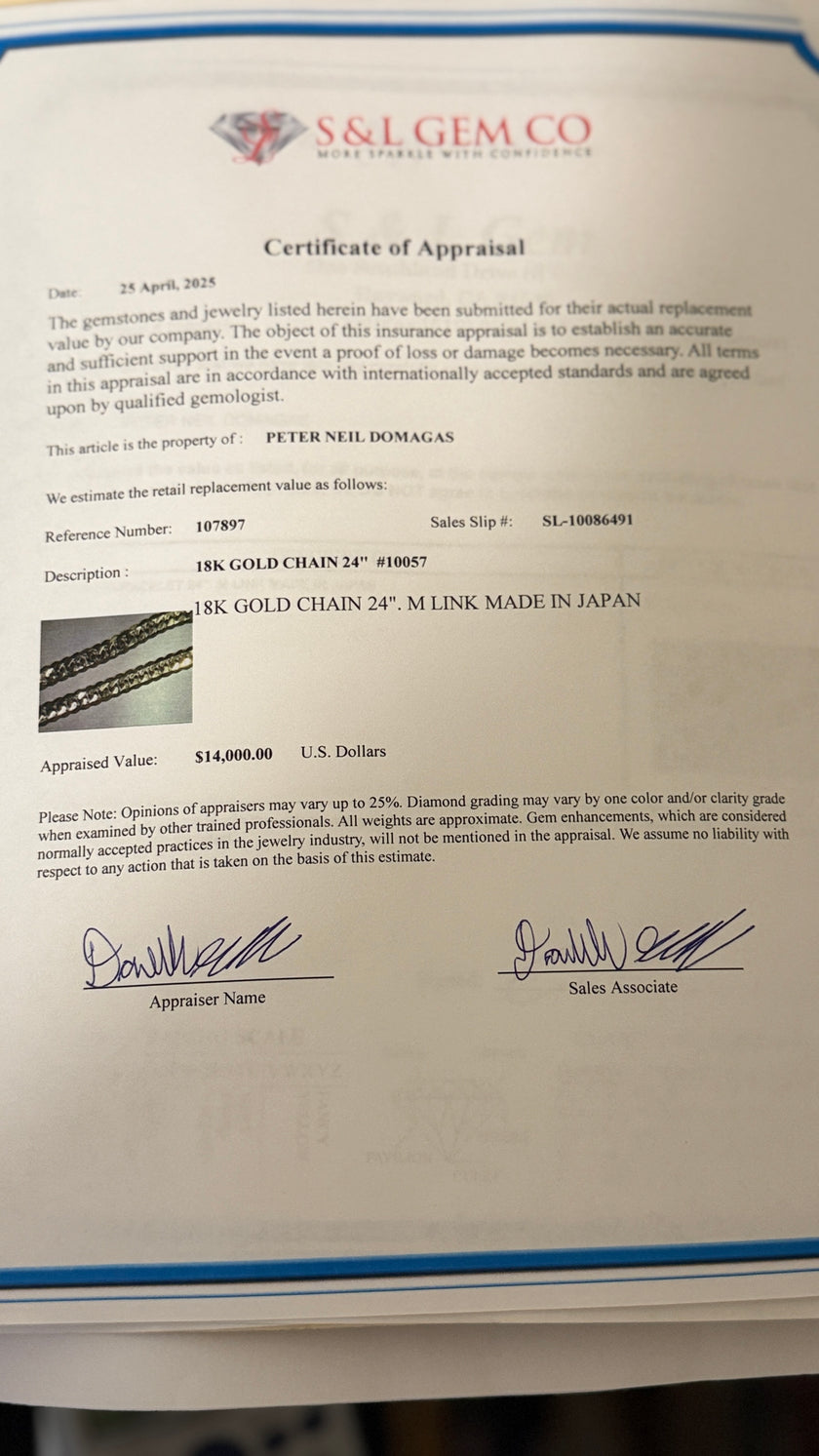 18Karat 100 Gram Gold Chain Necklace 24” M LINK MADE IN JAPAN