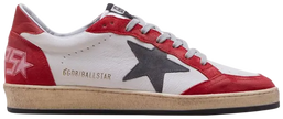 Golden Goose Ball Star sneaker in white leather with red star and heel tab, distressed finish.