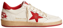 Golden Goose Ball Star white leather sneakers for men with vibrant red accents and distressed finish.