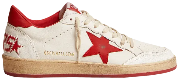 Golden Goose Ball Star white leather sneakers for men with vibrant red accents and distressed finish.