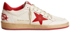 Golden Goose Ball Star white leather sneakers for men with vibrant red accents and distressed finish.