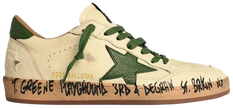 Golden Goose Ball Star white leather sneaker with rich green accents and distressed finish.