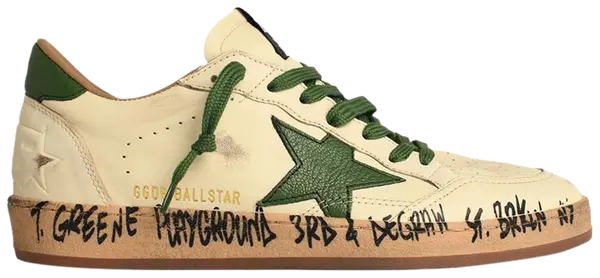 Golden Goose Ball Star white leather sneaker with rich green accents and distressed finish.