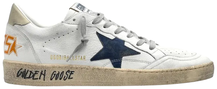 Golden Goose Ball Star white leather sneaker with blue ice accents and distressed finish.