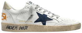 Golden Goose Ball Star white leather sneaker with blue ice accents and distressed finish.