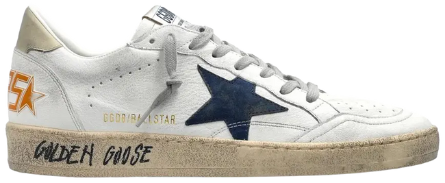 Golden Goose Ball Star white leather sneaker with blue ice accents and distressed finish.