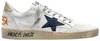 Golden Goose Ball Star white leather sneaker with blue ice accents and distressed finish.
