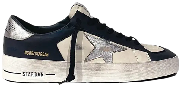 Golden Goose Stardan in optic white leather with navy star and silver heel tab, distressed finish.