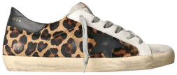 Golden Goose Wmns Superstar 'Leopard Black' sneaker with leopard print leather upper, black heel tab, and vintage rubber sole.


