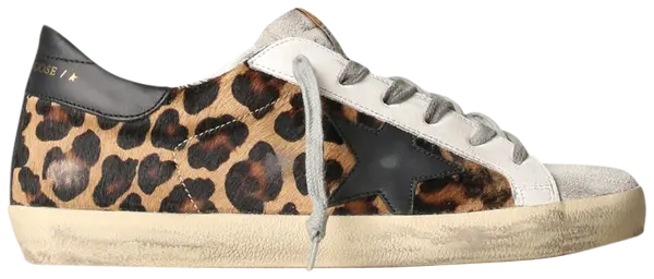 Golden Goose Wmns Superstar 'Leopard Black' sneaker with leopard print leather upper, black heel tab, and vintage rubber sole.

