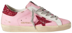 Golden Goose Superstar orchid pink glitter sneaker with distressed leather and red heel tab.