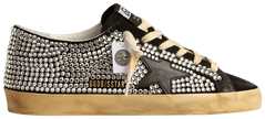 Swarovski x Golden Goose Superstar LTD black suede women's sneaker with silver crystal star and distressed finish.

