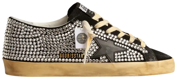 Swarovski x Golden Goose Superstar LTD black suede women's sneaker with silver crystal star and distressed finish.

