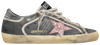 Golden Goose Superstar grey suede sneaker with bubblegum pink glitter star patch on the side.