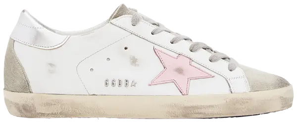 Golden Goose women’s Superstar sneaker in white leather with orchid lining, silver star, pink heel tab, and vintage-style distressing.

