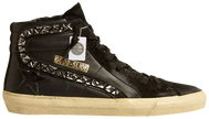 Golden Goose Swarovski Slide Sneaker women’s black leather slip-on with Swarovski crystal-studded star and distressed rubber sole.


