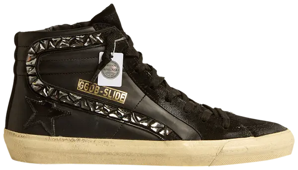 Golden Goose Swarovski Slide Sneaker women’s black leather slip-on with Swarovski crystal-studded star and distressed rubber sole.

