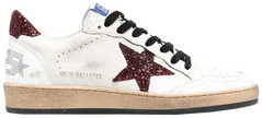 Golden Goose Wmns Ball Star white leather sneakers for women with Bordeaux wine-colored accents and distressed finish.
