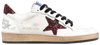 Golden Goose Wmns Ball Star white leather sneakers for women with Bordeaux wine-colored accents and distressed finish.