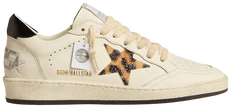 Golden Goose Ball Star women’s sneaker in leopard print with Swarovski crystal star and distressed white leather finish.

