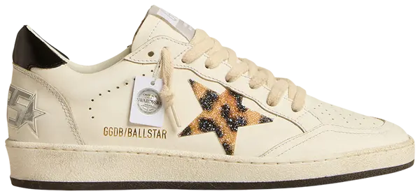 Golden Goose Ball Star women’s sneaker in leopard print with Swarovski crystal star and distressed white leather finish.

