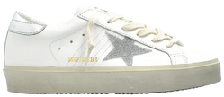 Golden Goose Women's Hi Star sneaker in optic white leather with silver star and heel tab, platform sole, and distressed details.

