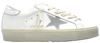 Golden Goose Women's Hi Star sneaker in optic white leather with silver star and heel tab, platform sole, and distressed details.

