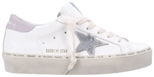Golden Goose Women's Hi Star sneaker in white leather with silver star, lilac suede heel, and distressed platform sole.

