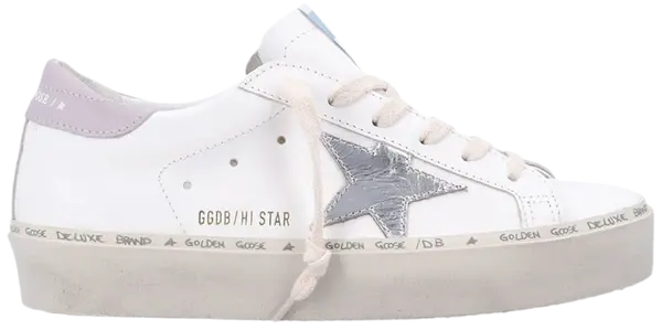 Golden Goose Women's Hi Star sneaker in white leather with silver star, lilac suede heel, and distressed platform sole.

