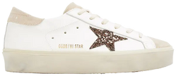 Golden Goose Women's Hi Star sneaker in white and beige suede with platform sole and signature distressed details.


