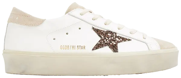 Golden Goose Women's Hi Star sneaker in white and beige suede with platform sole and signature distressed details.

