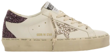Golden Goose women's Hi Star sneaker in white leather with Cabernet red star and Cinder heel, distressed platform sole design.
